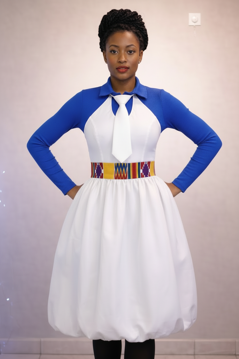 Dress with integrated plain white neck tie