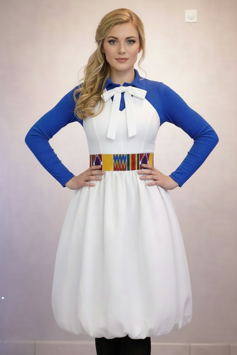 Dress with shortened ribbon ends on Caucasian model