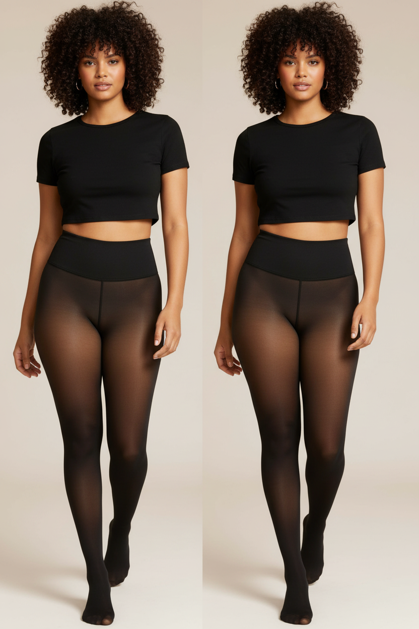 Model with different features wearing black fleece-lined tights