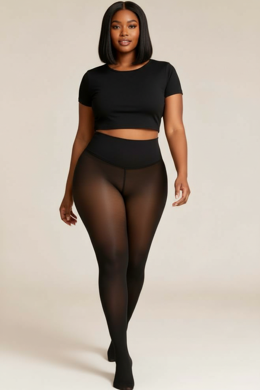 New model wearing black fleece-lined tights